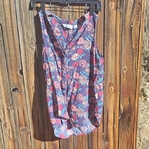 Indigo Floral Button-Up Blouse - Blue and Red